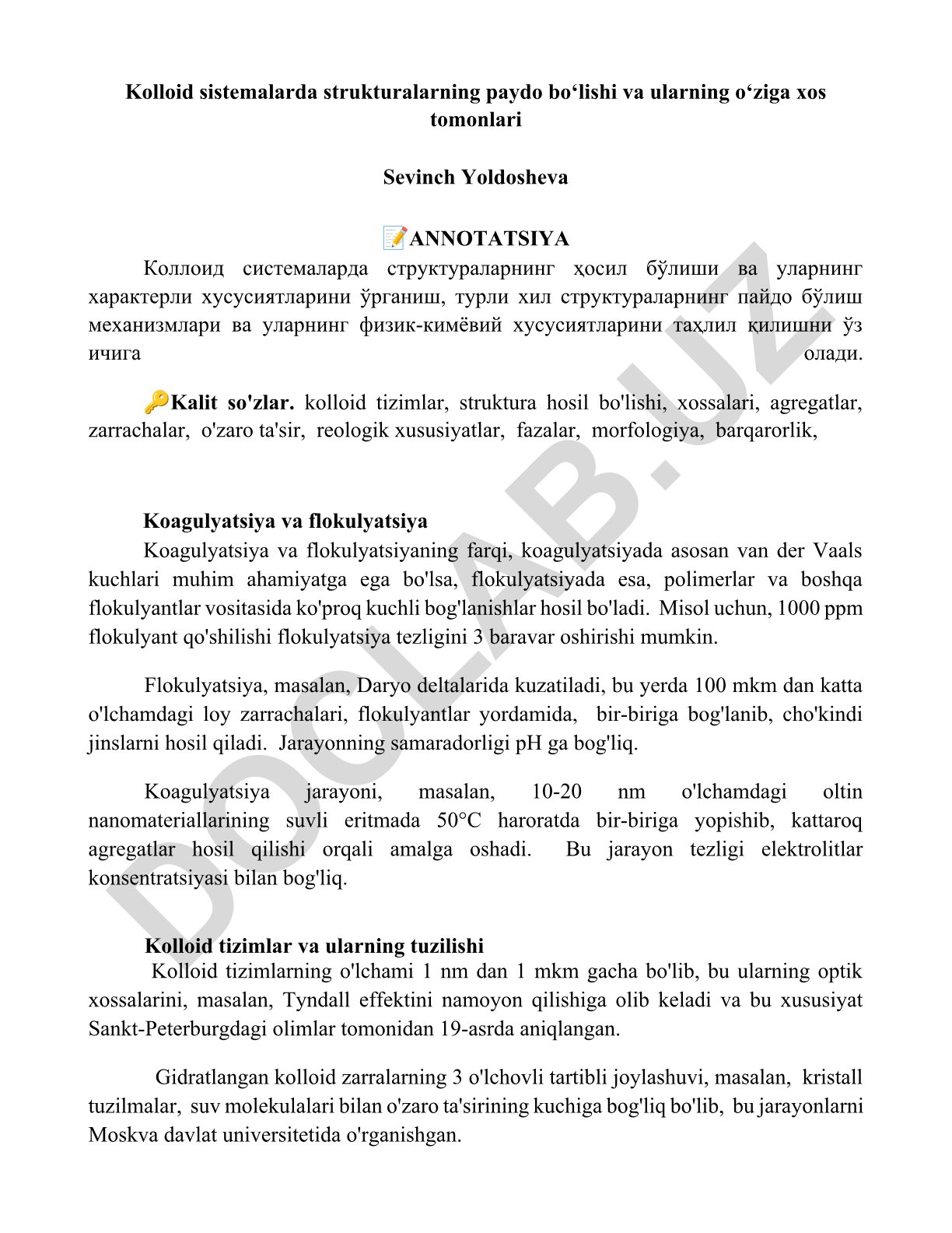 Kolloid sistemalarda strukturalarning paydo bo'lishi va ularning o'ziga xos tomonlari