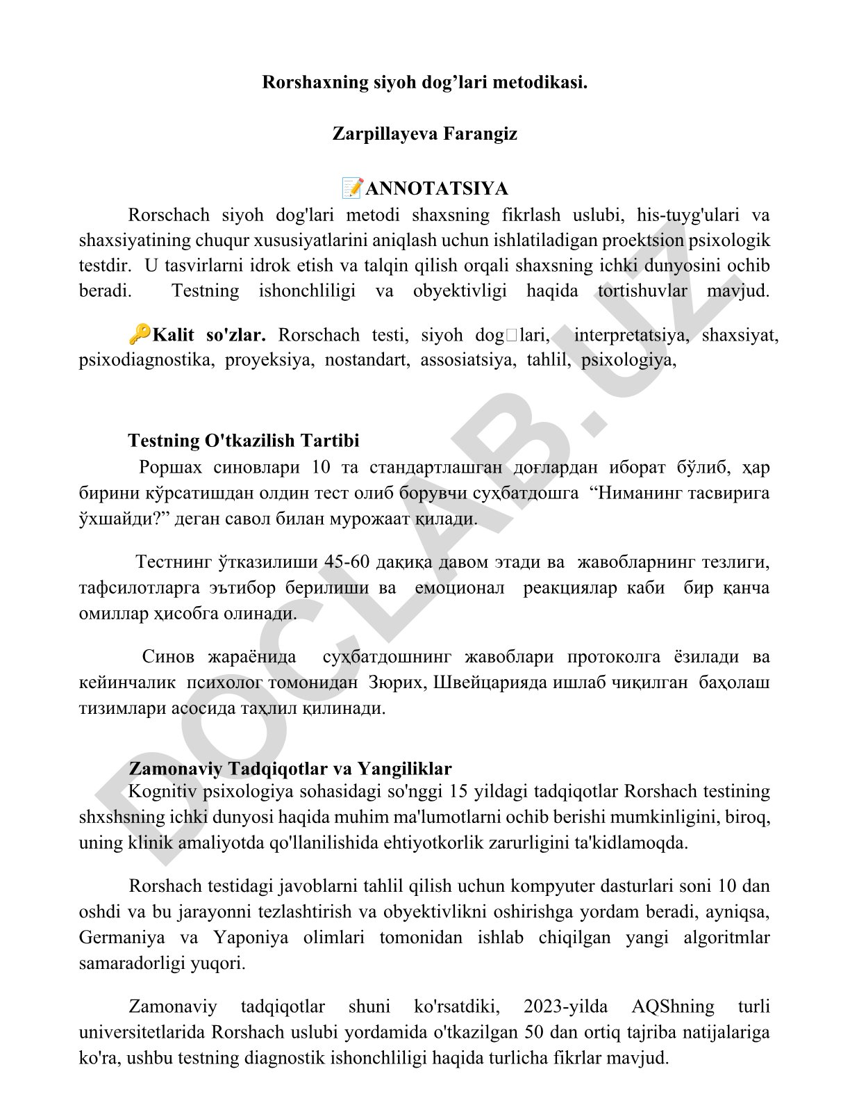 Rorshaxning siyoh dog’lari metodikasi