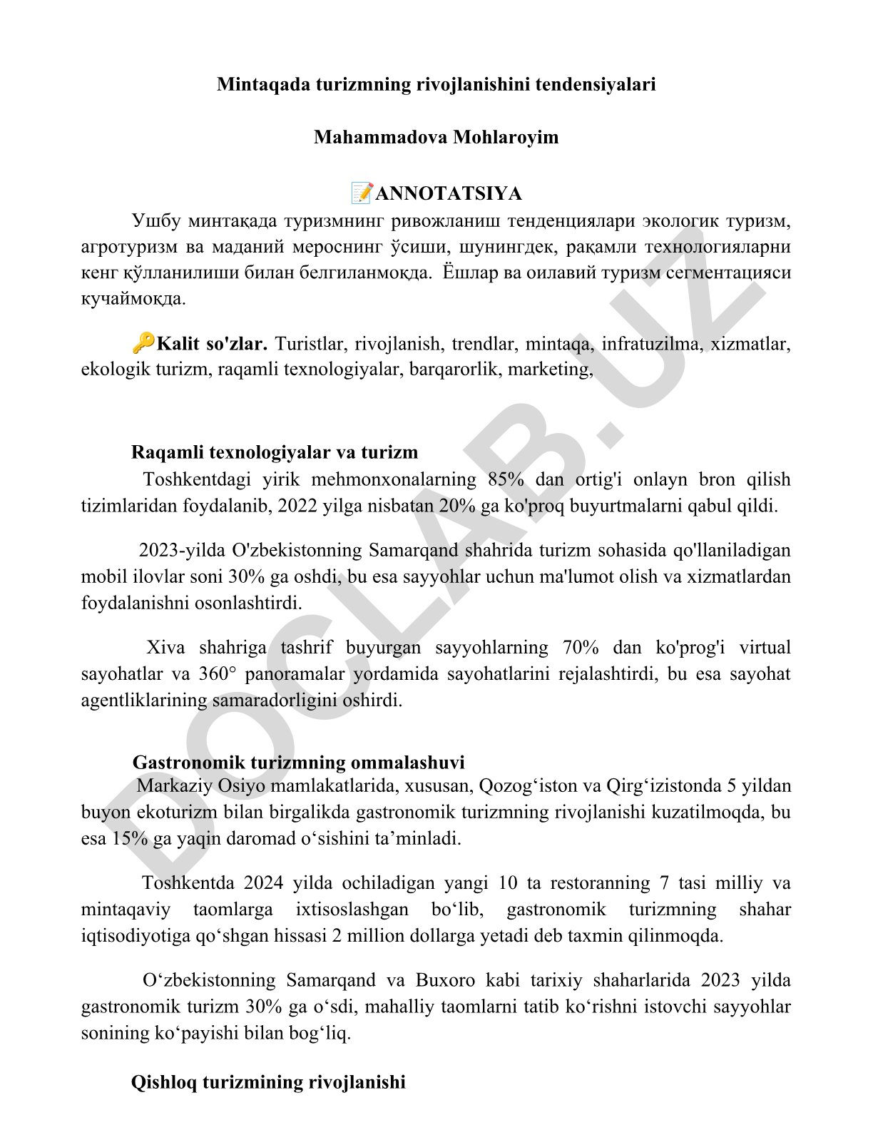 Mintaqada turizmning rivojlanishini tendensiyalari