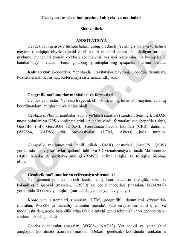 Geosiyosat asoslari fani predmeti, obʼyekti va manbalari