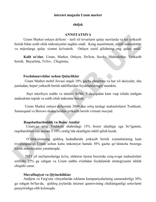 Uzum Market onlayn do'konining raqobatbardoshlik tahlili