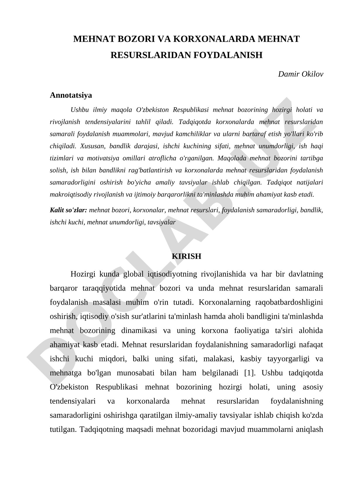 Mehnat bozori va korxonalarda mehnat resurslaridan foydalanish