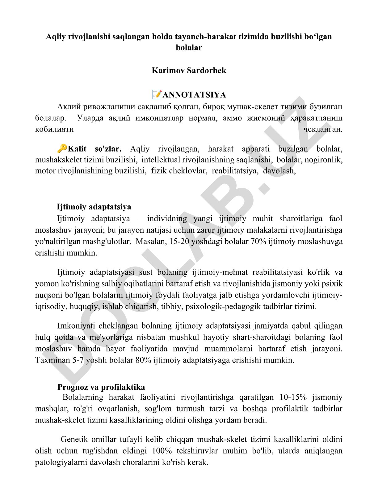 Aqliy rivojlangan, harakat apparati buzilgan bolalarning ijtimoiy adaptatsiyasi