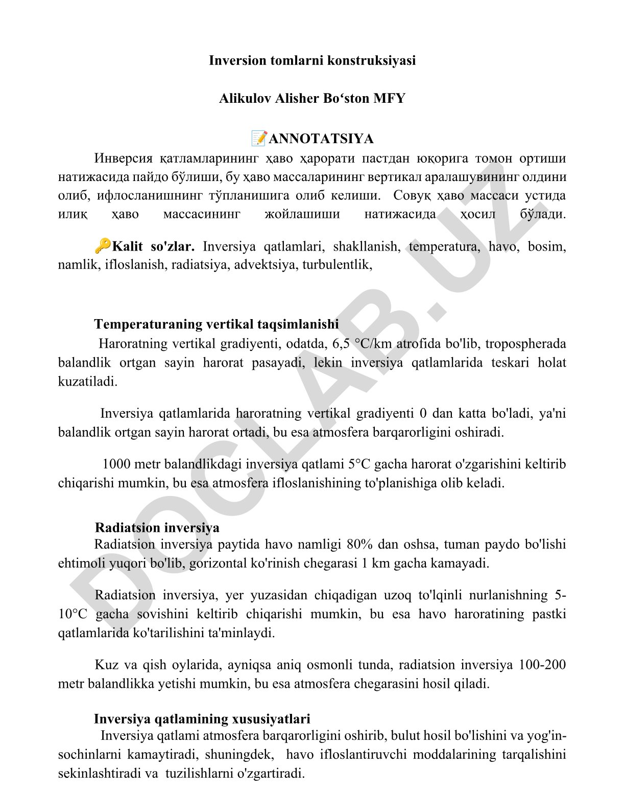 Inversiya qatlamlarining shakllanishi va atmosfera ifloslanishiga ta'siri