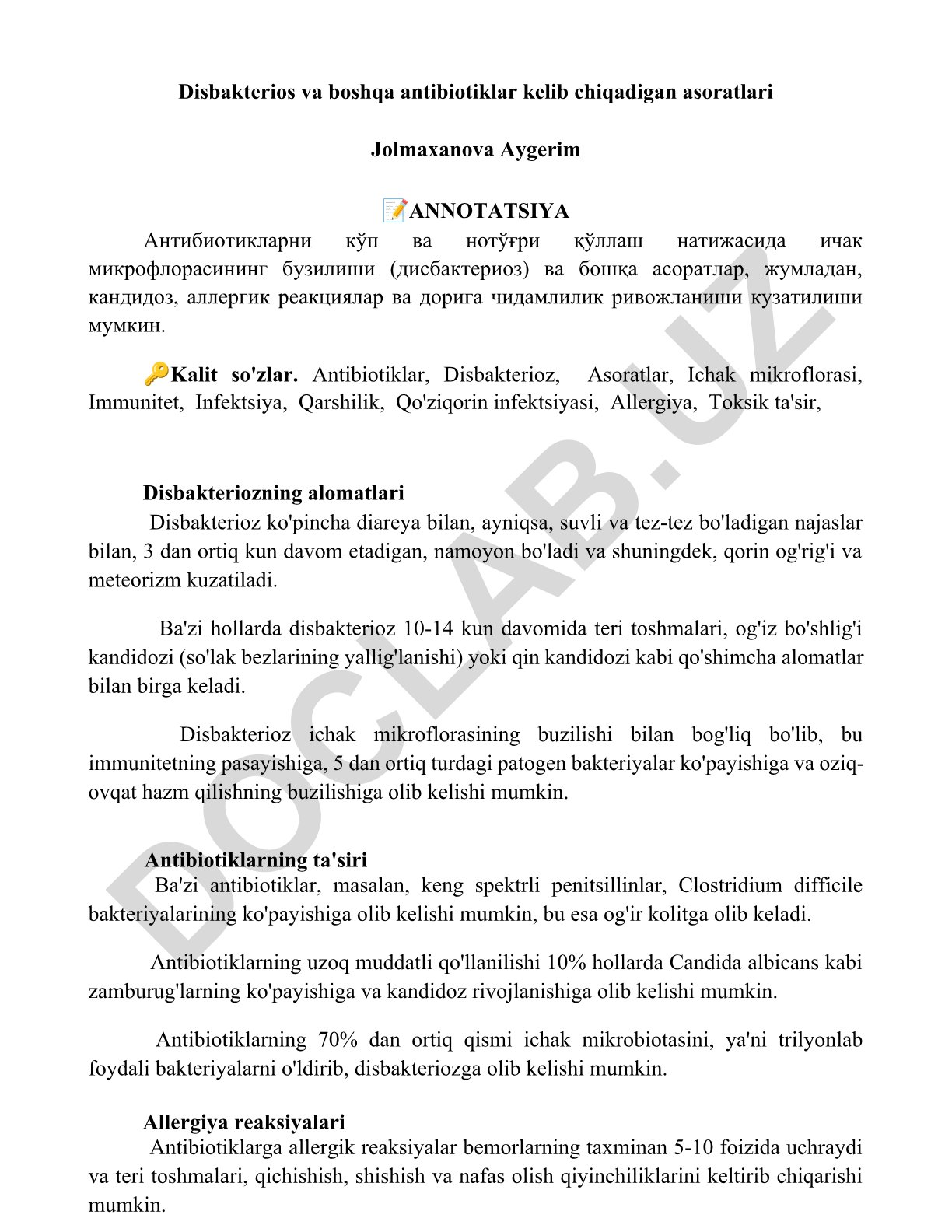 Disbakterios va antibiotiklar kelib chiqadigan asoratlar