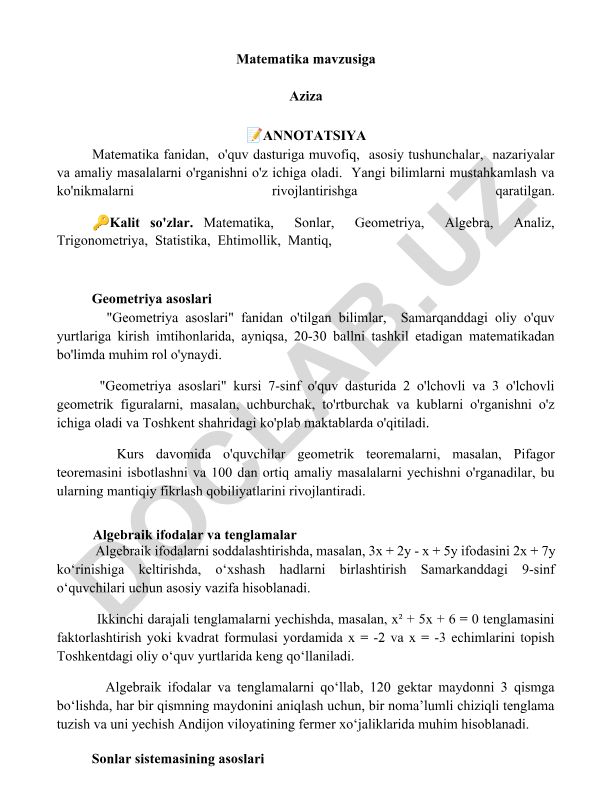 Matematika fanining asosiy tushunchalari va amaliy masalalari