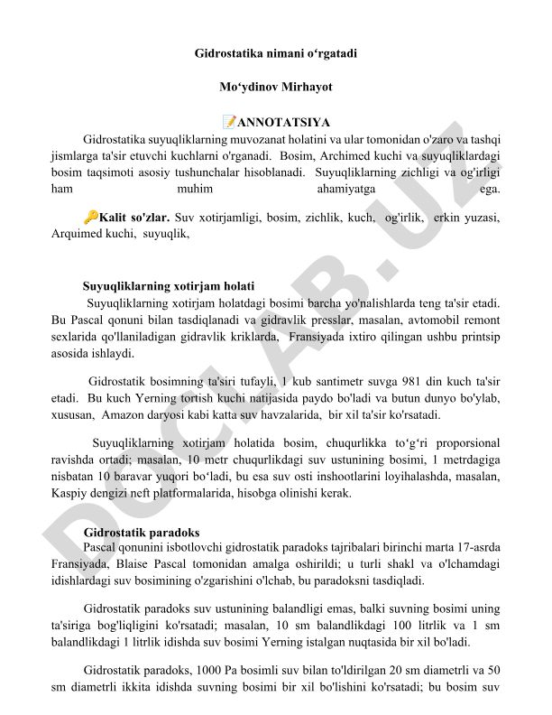 Gidrostatika va suyuqliklarning muvozanat holati