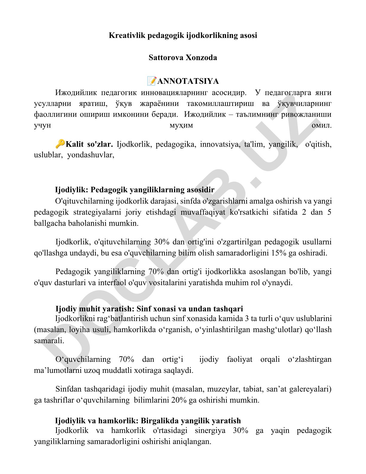 Kreativlik pedagogik ijodkorlikning asosi