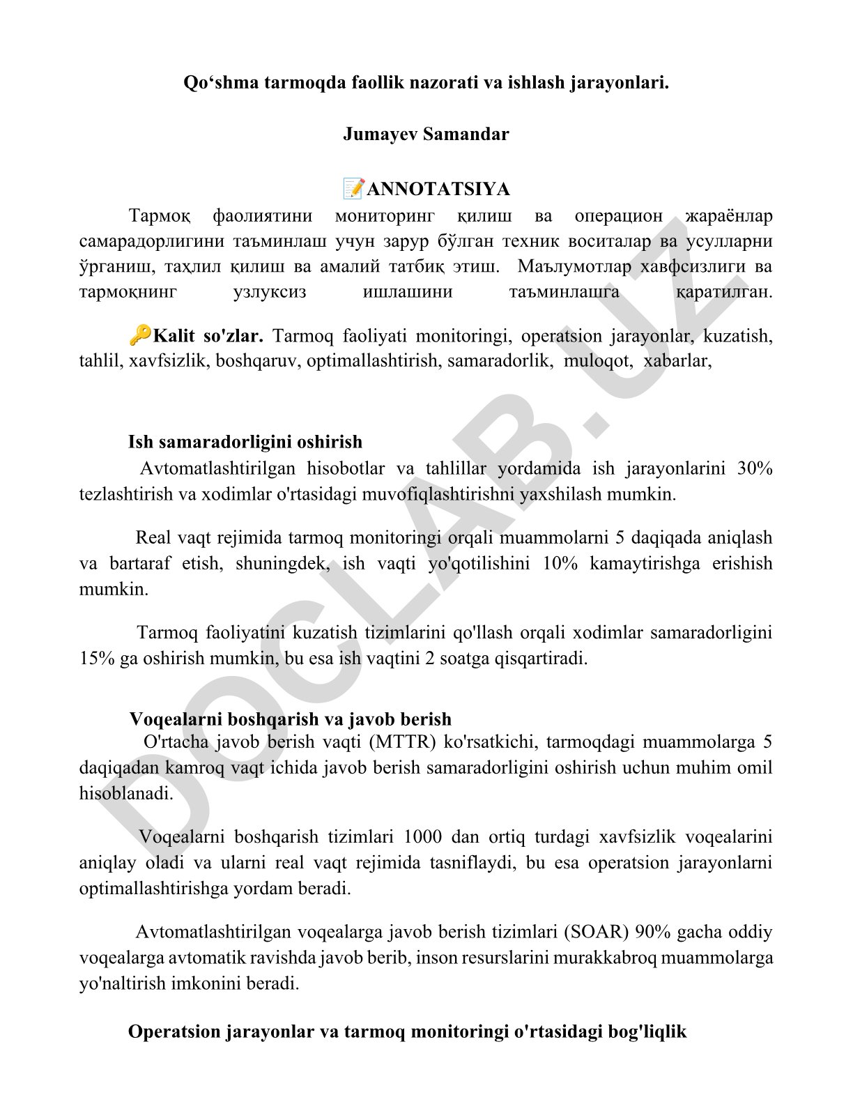 Tarmoq faoliyati monitoringi va operatsion jarayonlar samaradorligi