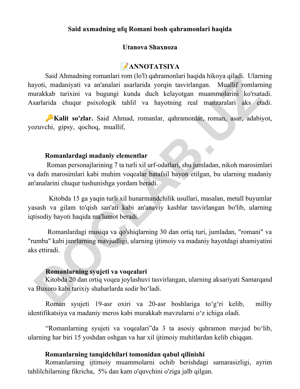 Said Ahmadning romanlarida roman qahramonlari va madaniyati