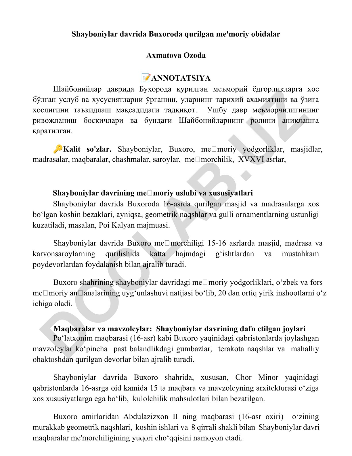 Shayboniylar davrida Buxoroda qurilgan me'moriy obidalar