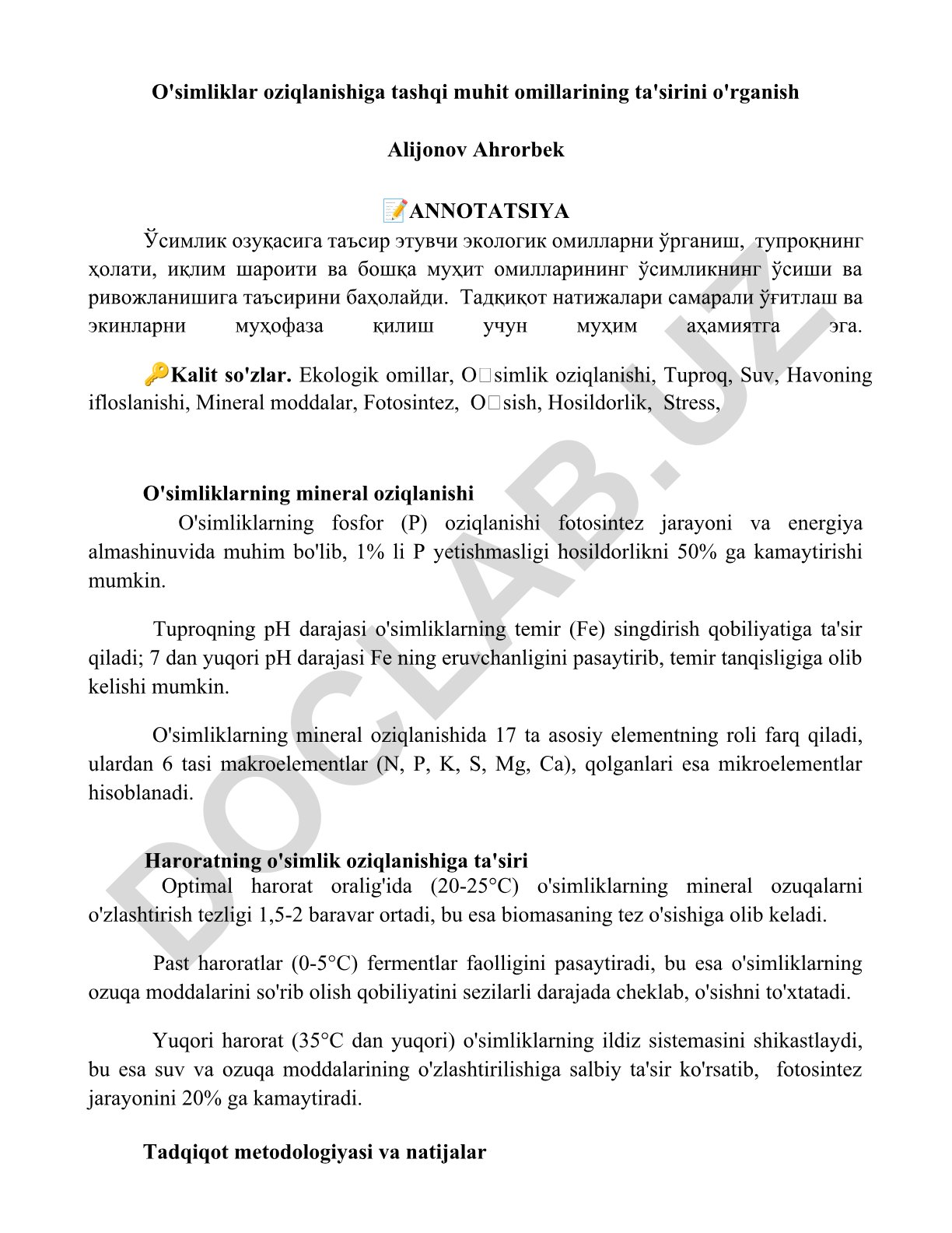 O'simliklar oziqlanishiga tashqi muhit omillarining ta'siri