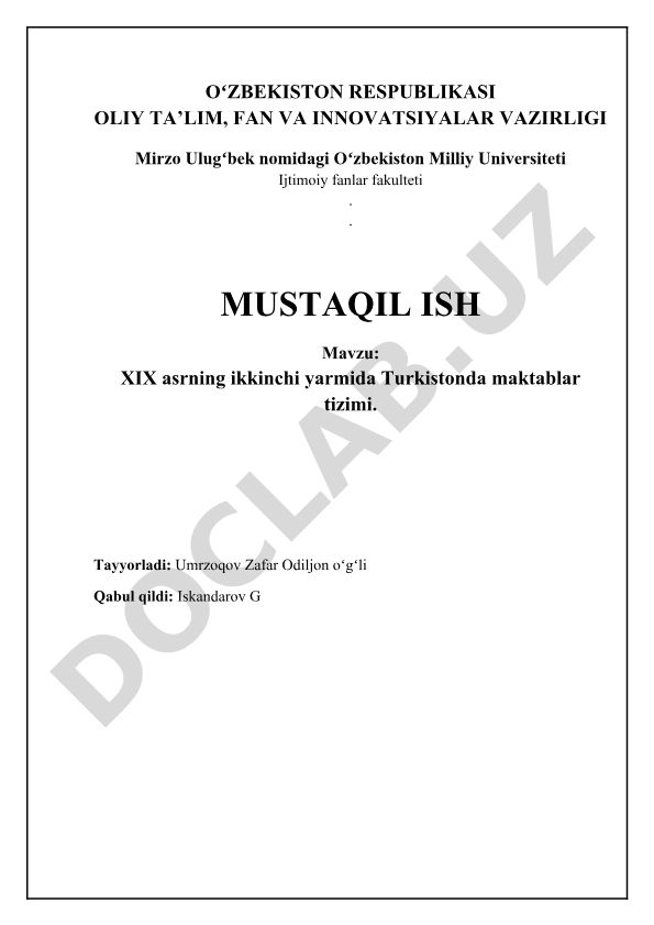 XIX asrning ikkinchi yarmida Turkistonda maktablar tizimi