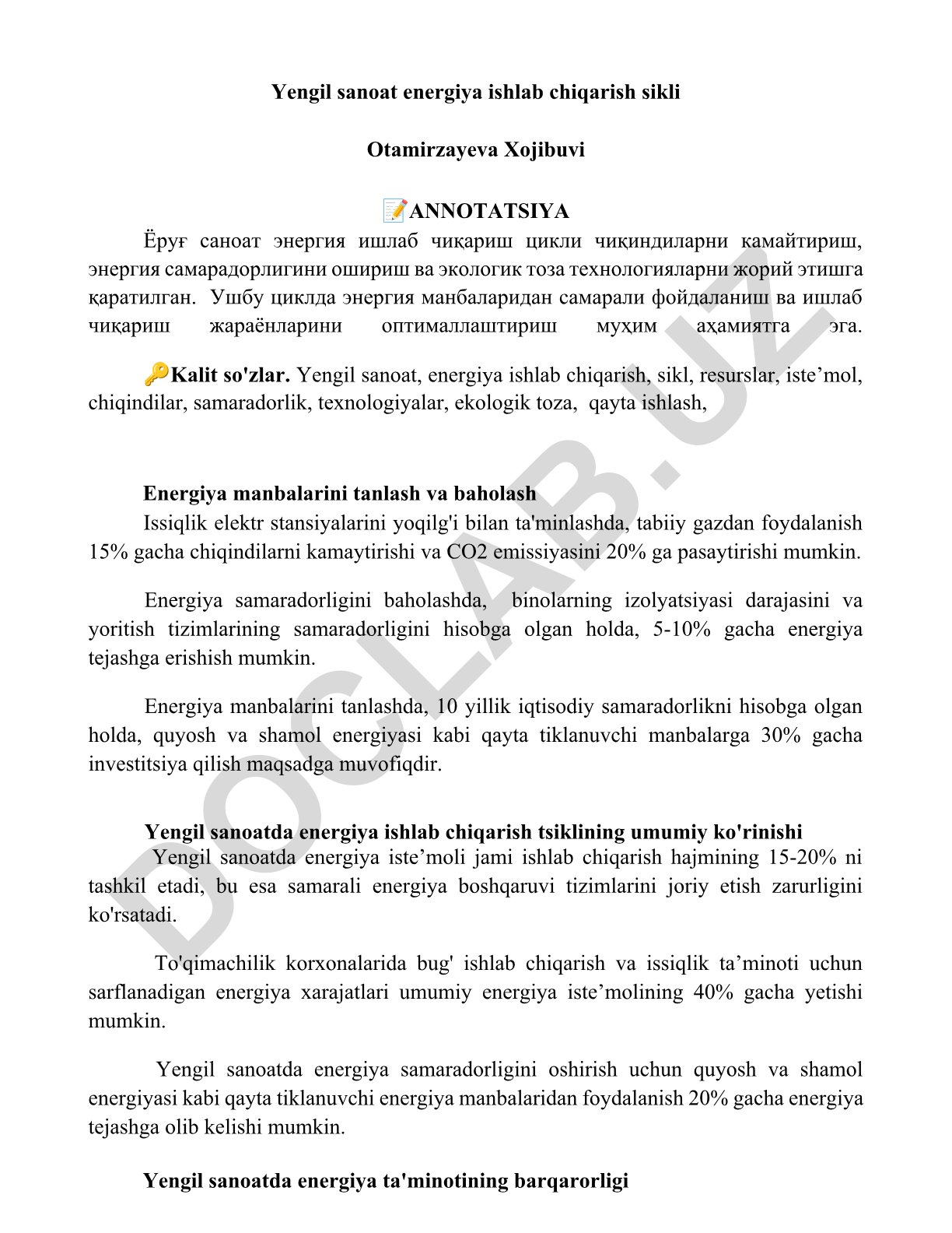Yengil sanoatda energiya ishlab chiqarish sikli