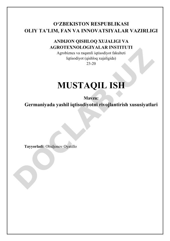 Germaniyada yashil iqtisodiyotni rivojlantirish xususiyatlari