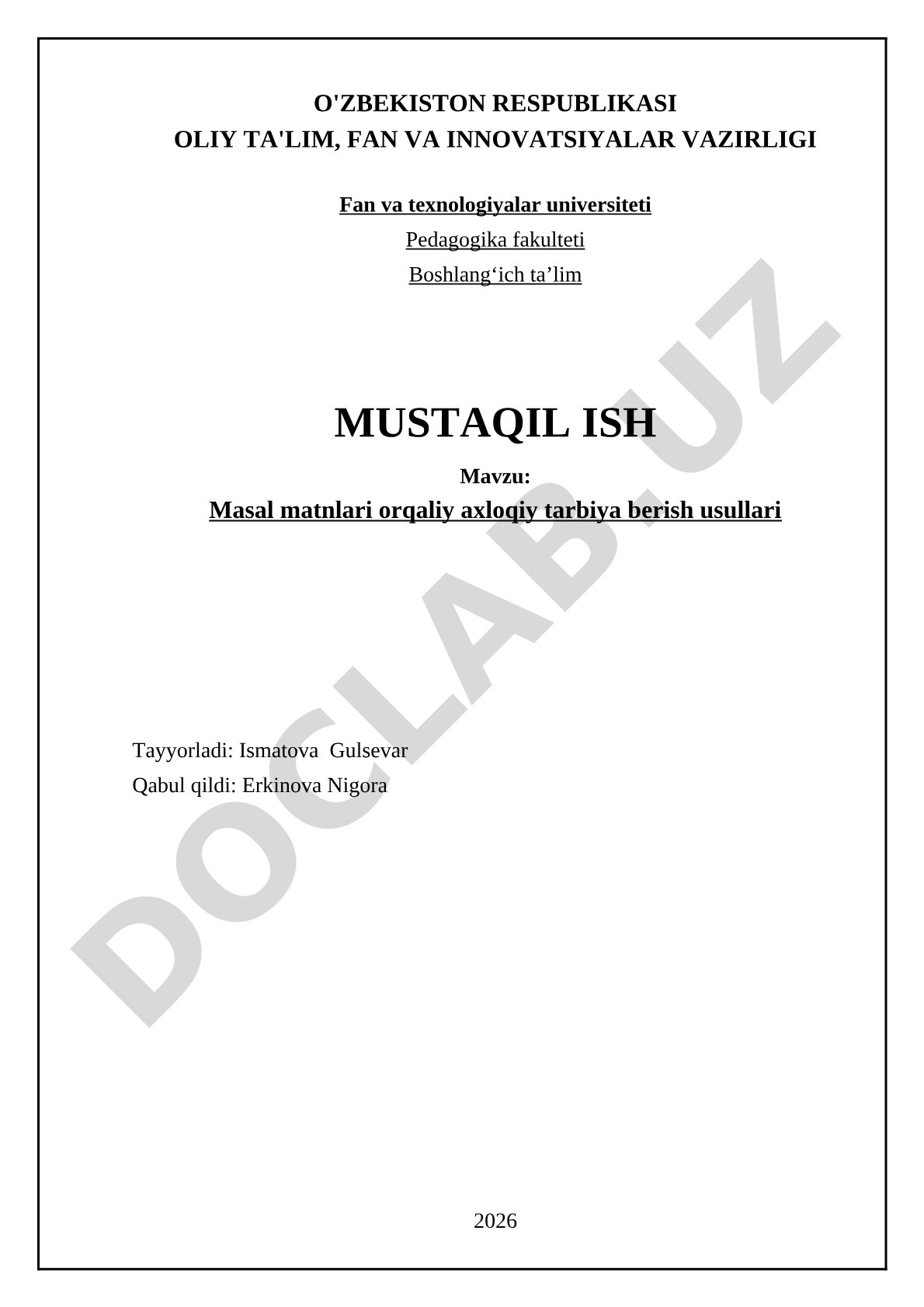 Masal matnlari orqali axloqiy tarbiya berish usullari