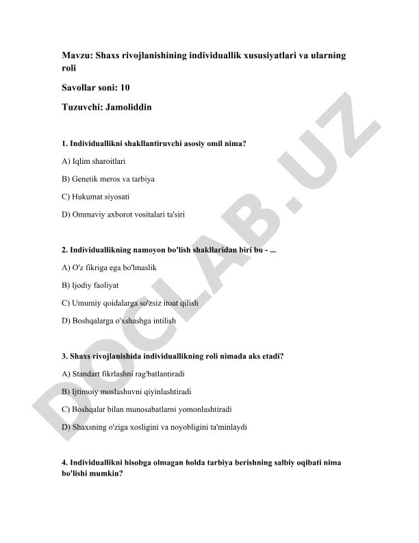 Shaxs rivojlanishining individuallik xususiyatlari va ularning roli