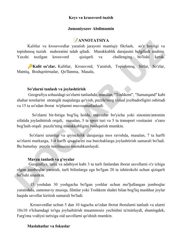 Kalitlar va krossvordlar yaratish jarayoni