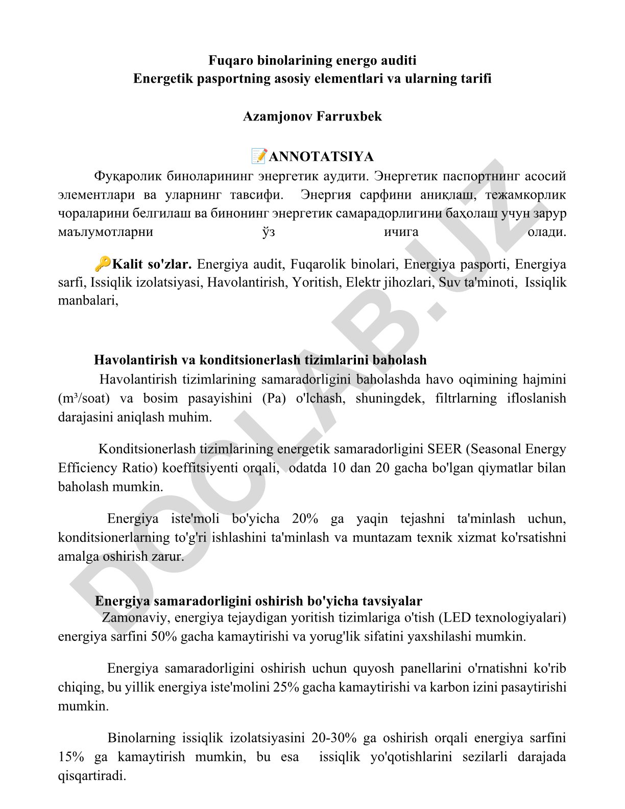 Fuqaro binolarining energo auditi va energetik pasport elementlari