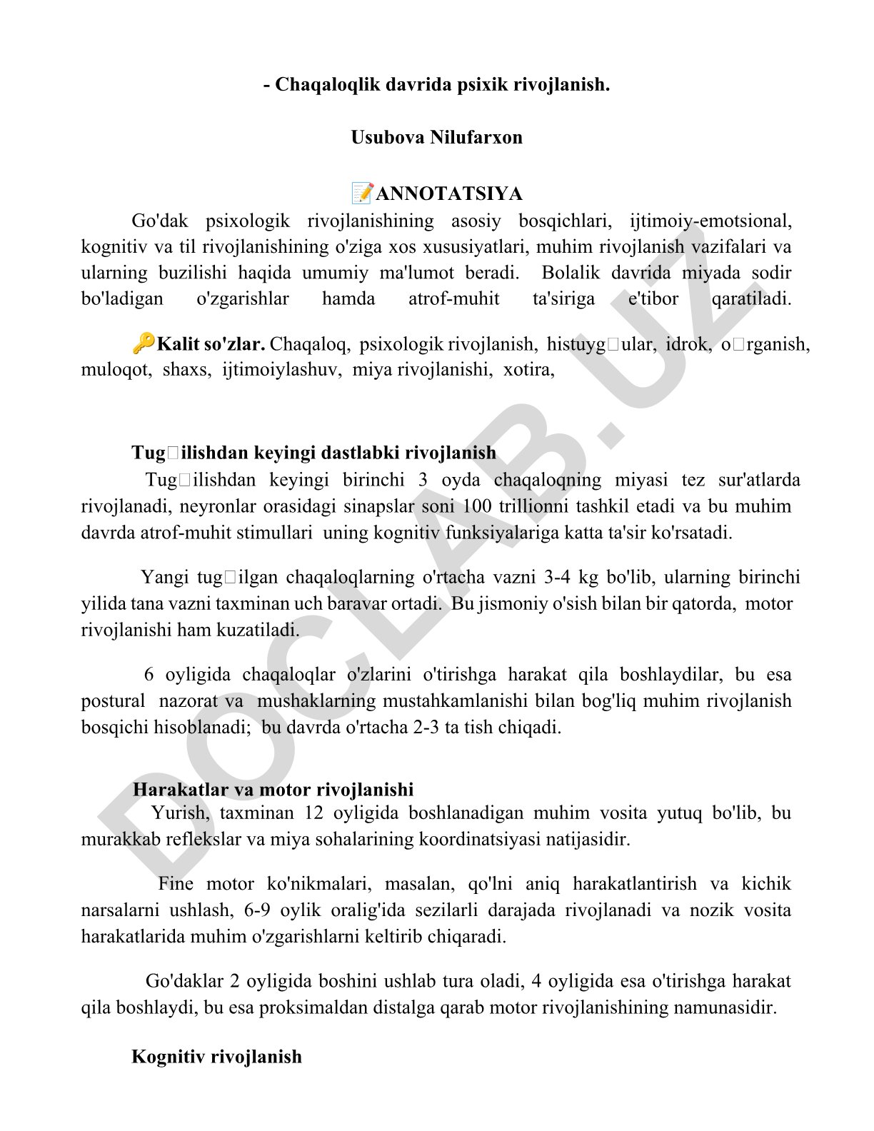 Chaqaloqlik davrida psixik rivojlanish