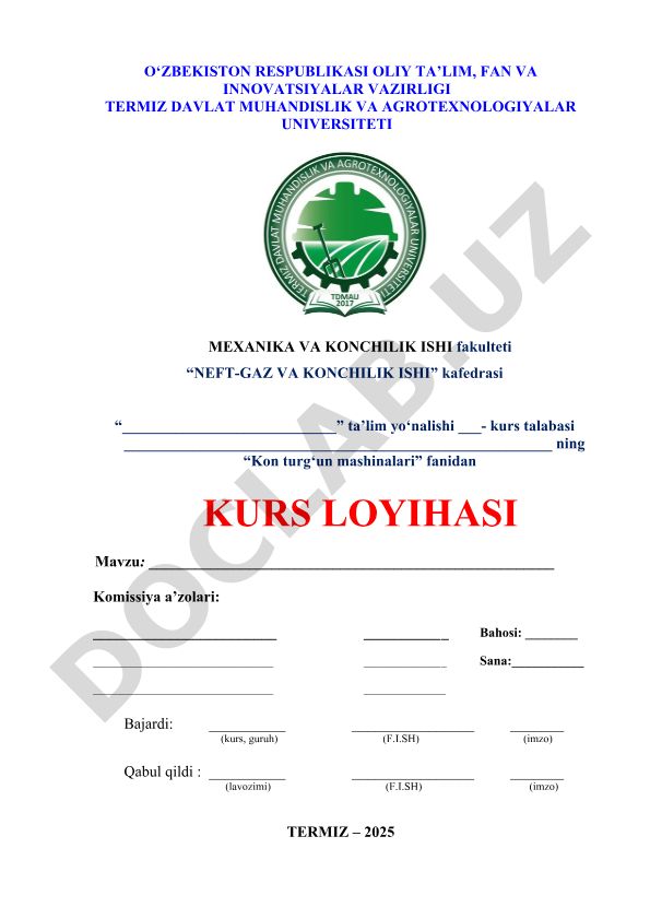 Kon turg‘un mashinalari fanidan kurs loyihasi