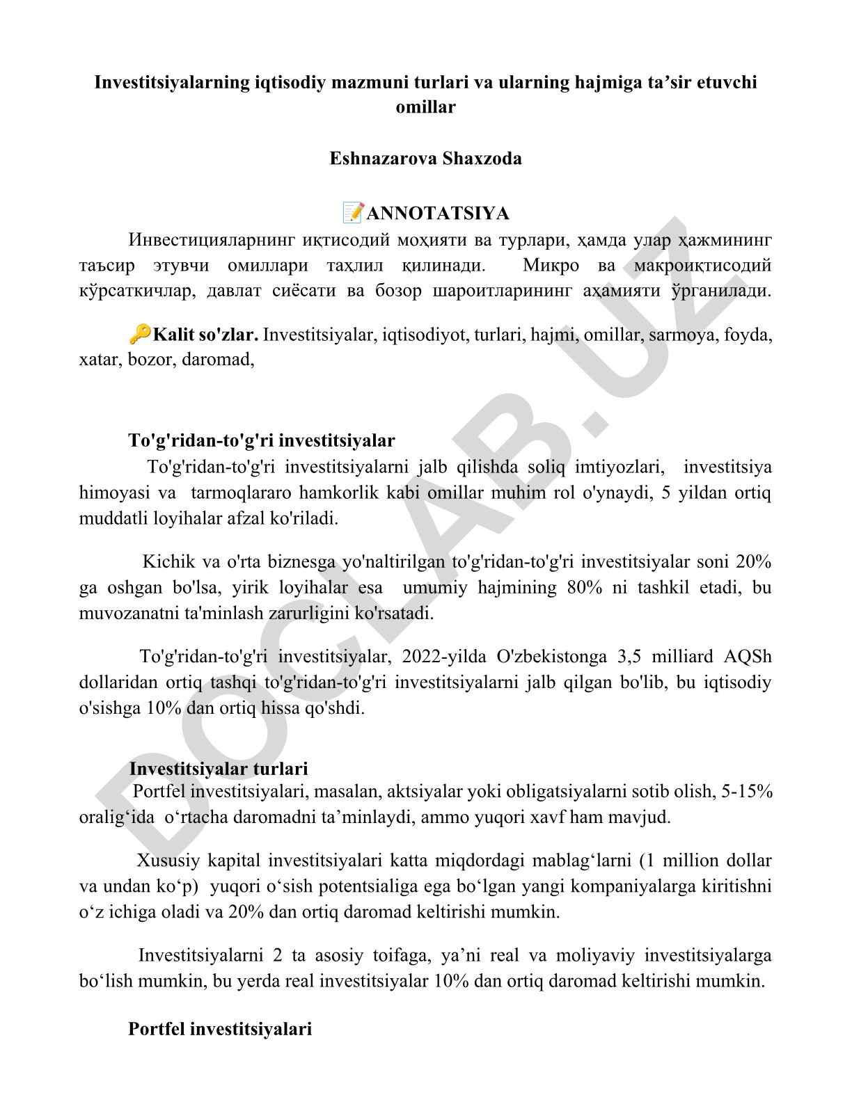 Investitsiyalarning iqtisodiy mazmuni, turlari va hajmiga ta'sir etuvchi omillar