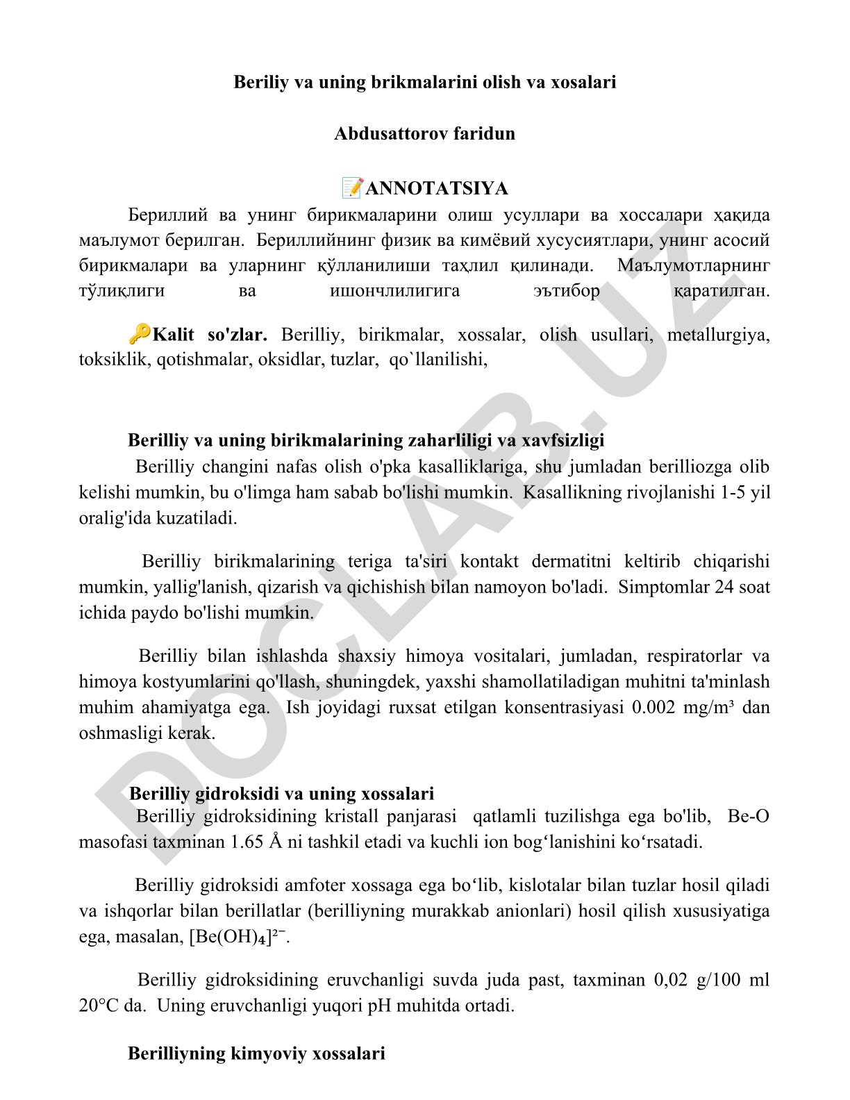 Berilliy va uning birikmalarini olish usullari va xossalari