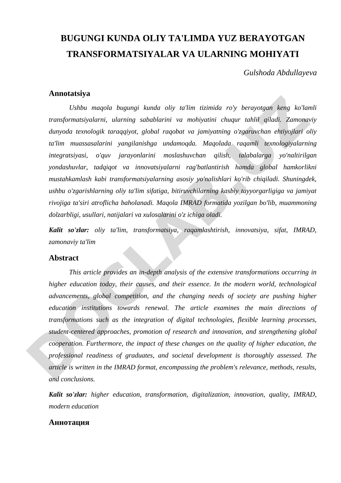 Bugungi kunda oliy ta'limda yuz berayotgan transformatsiyalar va ularning mohiyati