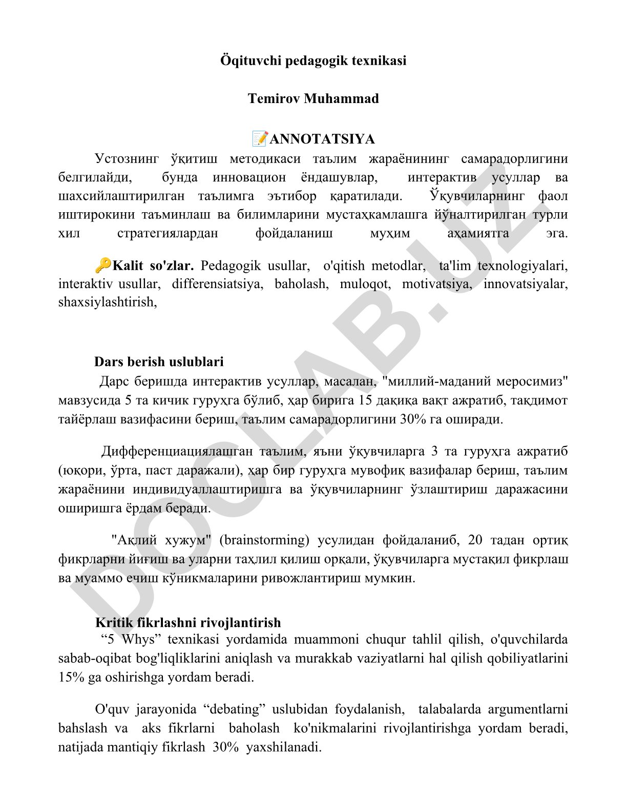 O'qituvchi pedagogik texnikasi va dars berish uslublari