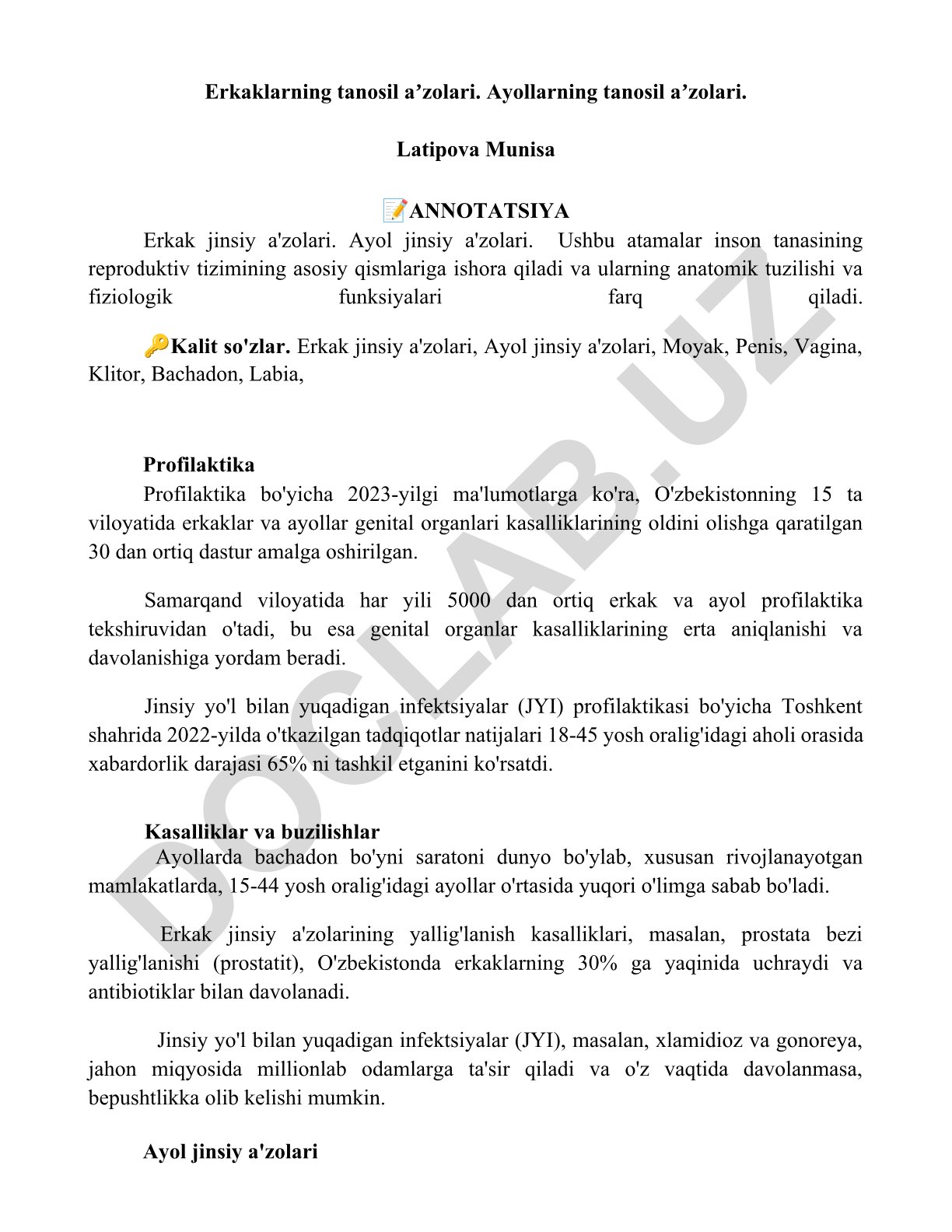 Erkak va ayol jinsiy a'zolari anatomiyasi va profilaktikasi