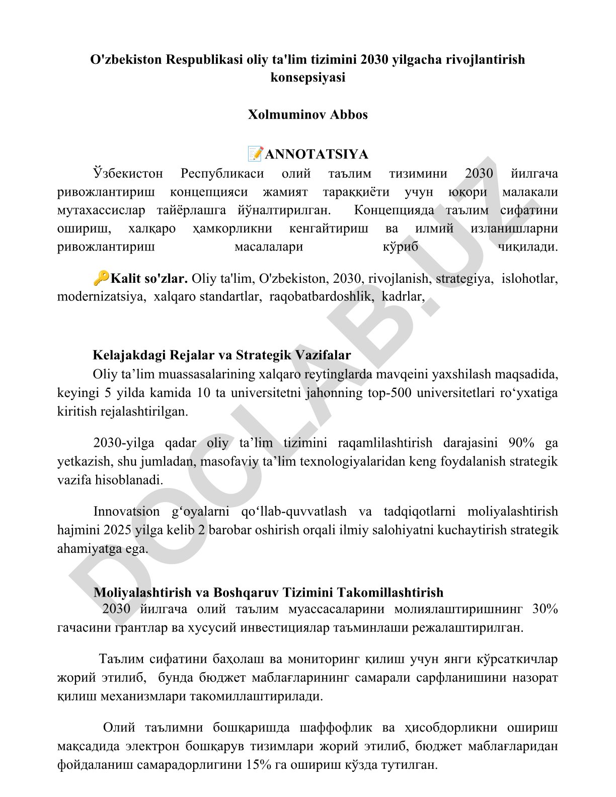 O'zbekiston Respublikasi oliy ta'lim tizimini 2030 yilgacha rivojlantirish konsepsiyasi