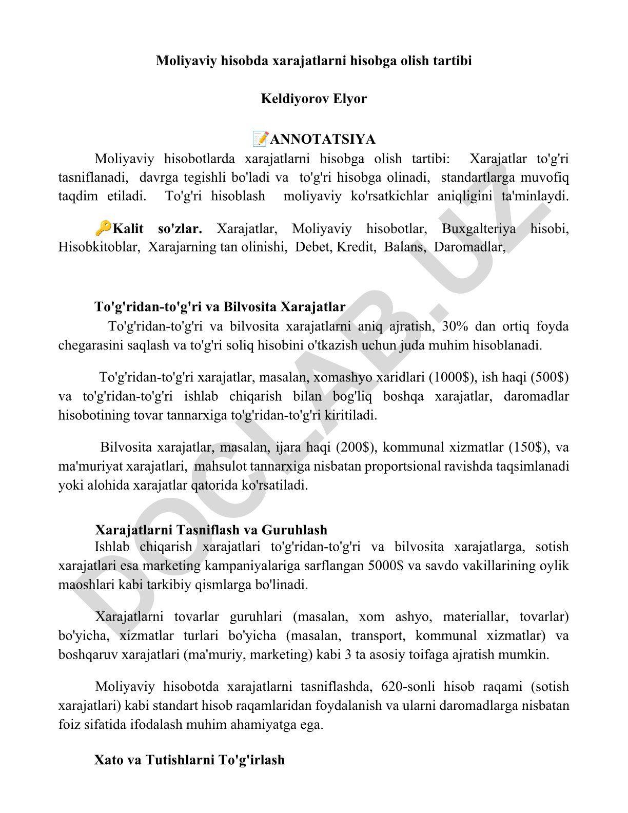 Moliyaviy hisobda xarajatlarni hisobga olish tartibi