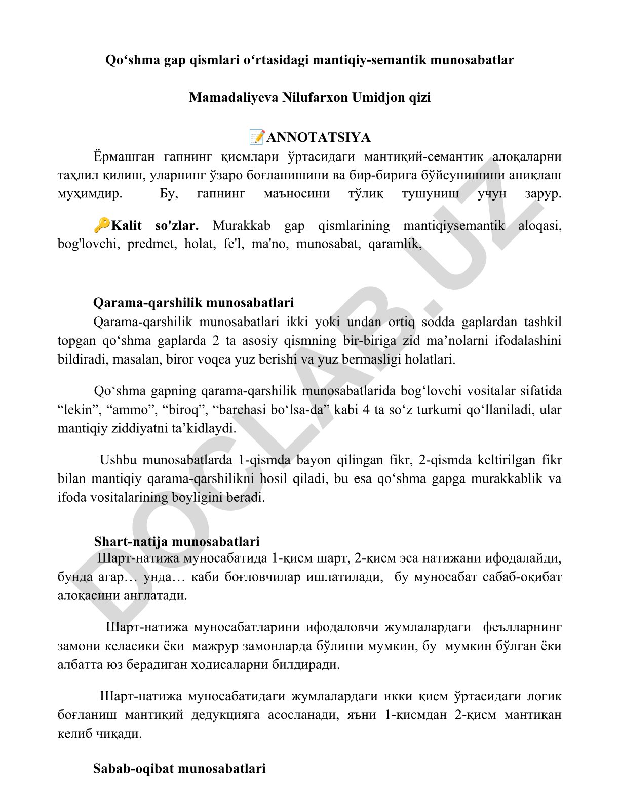 Qo'shma gap qismlari o'rtasidagi mantiqiy-semantik munosabatlar