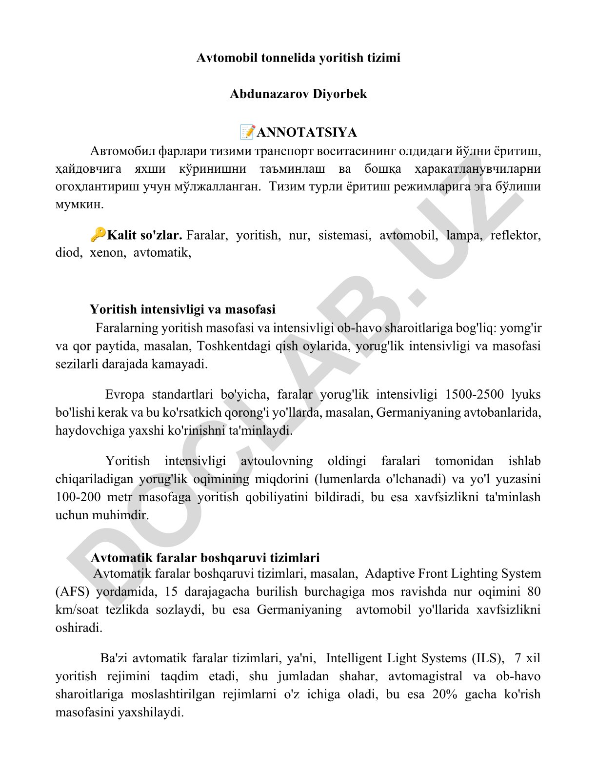 Avtomobil tonnelida yoritish tizimi