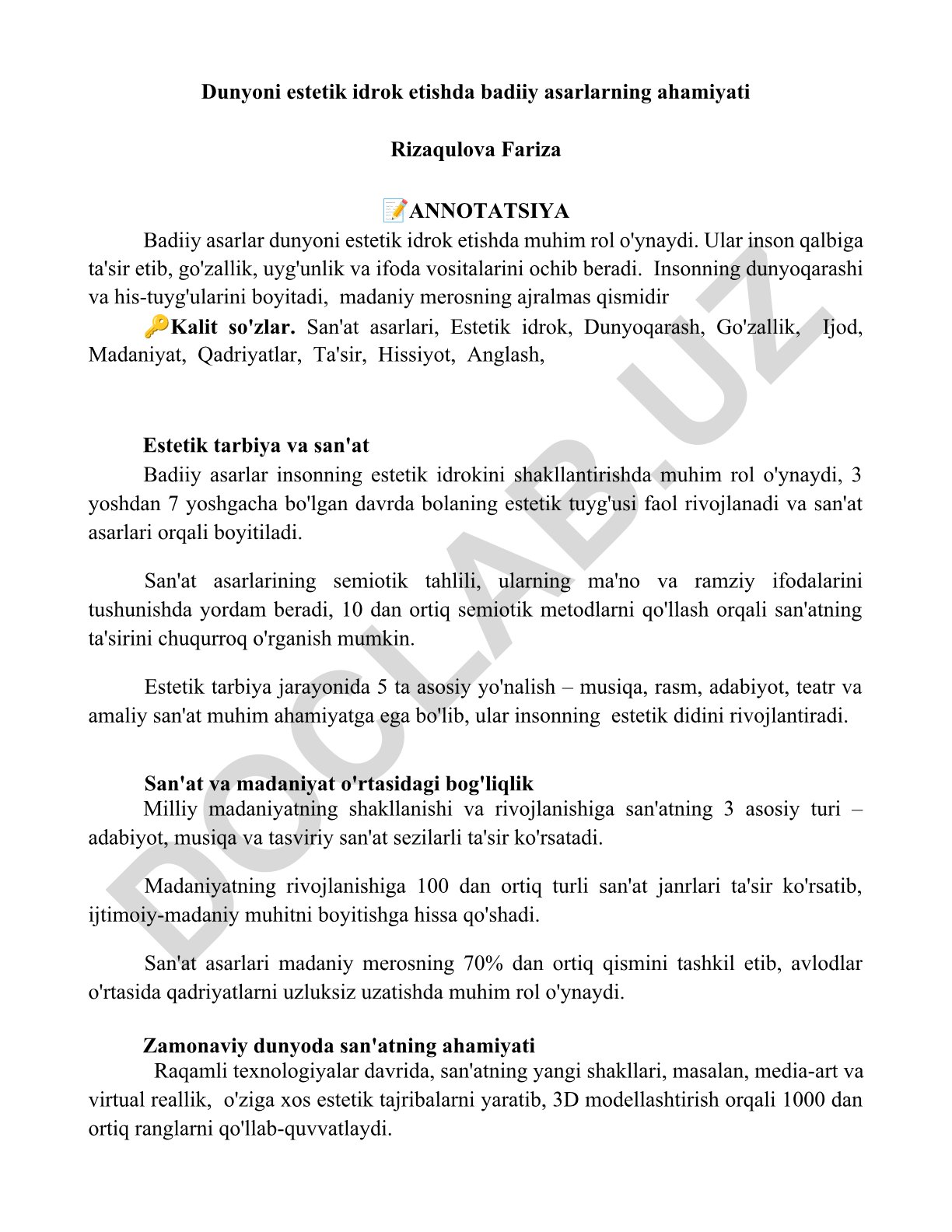 Badiiy asarlarning estetik idrok etishdagi ahamiyati