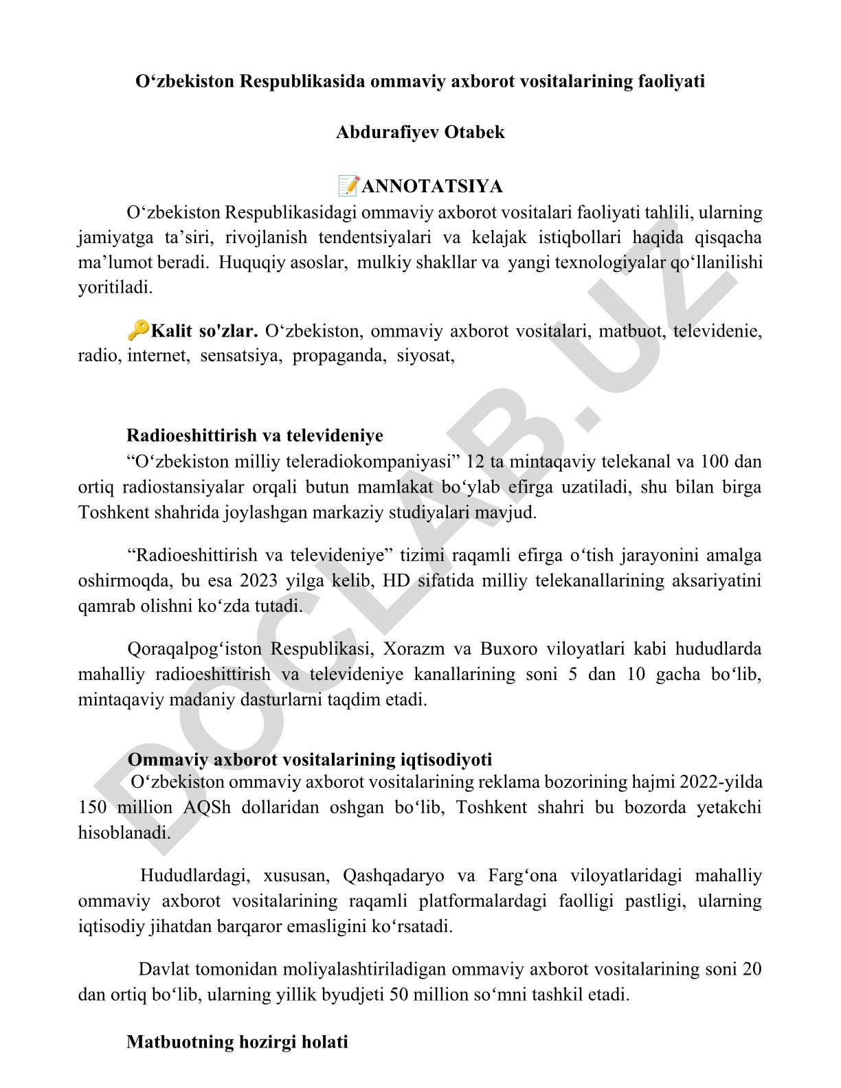 O‘zbekiston Respublikasida ommaviy axborot vositalarining faoliyati