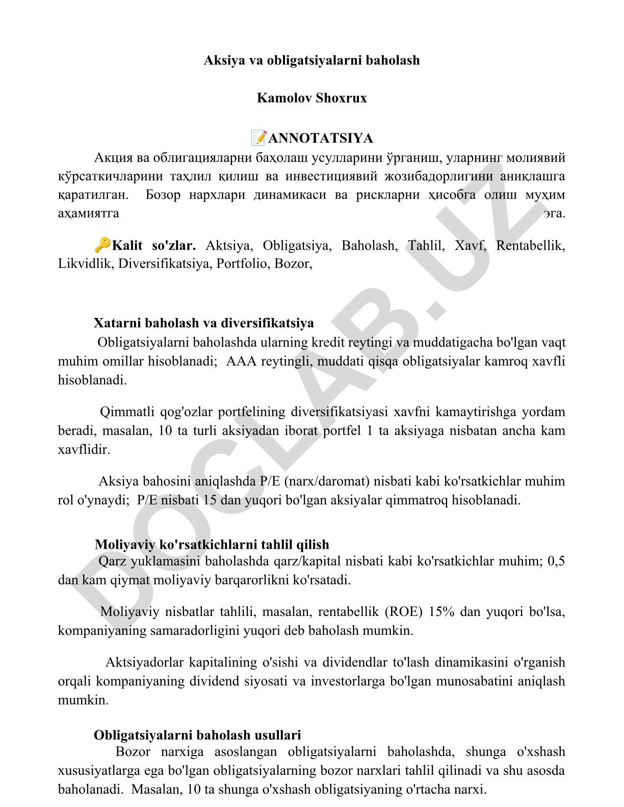 Aksiya va obligatsiyalarni baholash