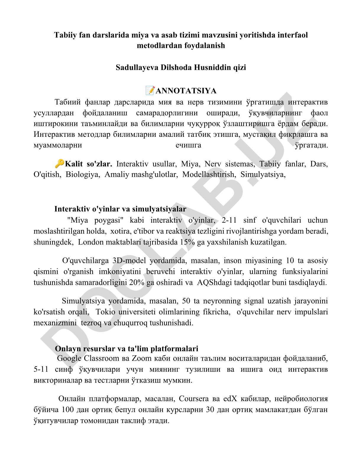 Tabiiy fan darslarida miya va asab tizimini o'rgatishda interaktiv metodlardan foydalanish