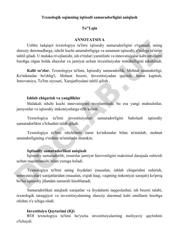 Texnologik oqimning iqtisodiy samaradorligini aniqlash