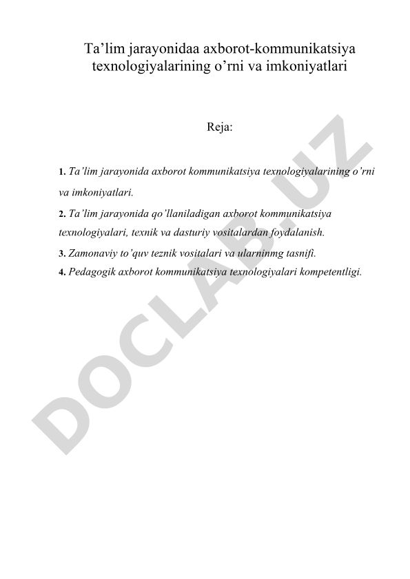 Ta’lim jarayonida axborot-kommunikatsiya texnologiyalarining o’rni va imkoniyatlari