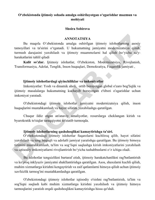Oʻzbekistonda ijtimoiy sohada amalga oshirilayotgan oʻzgarishlar mazmun va mohiyati