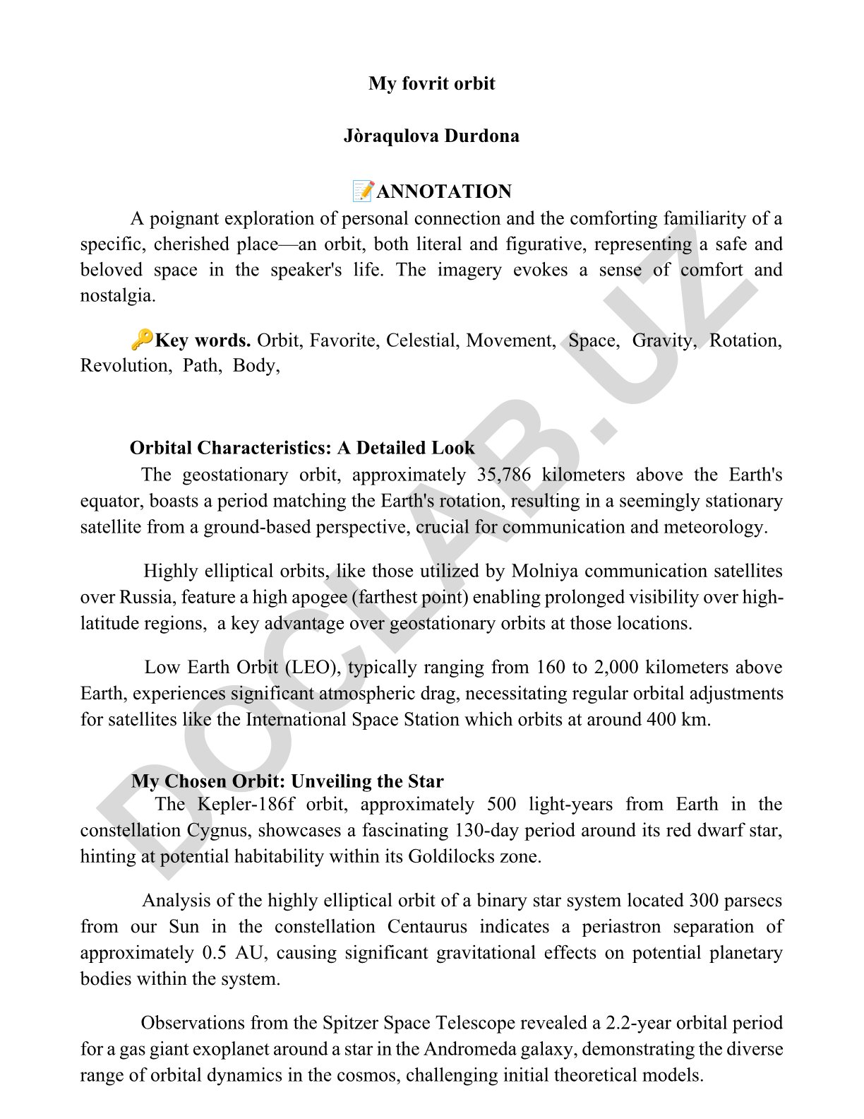Orbit Characteristics and Personal Connection to Celestial Space