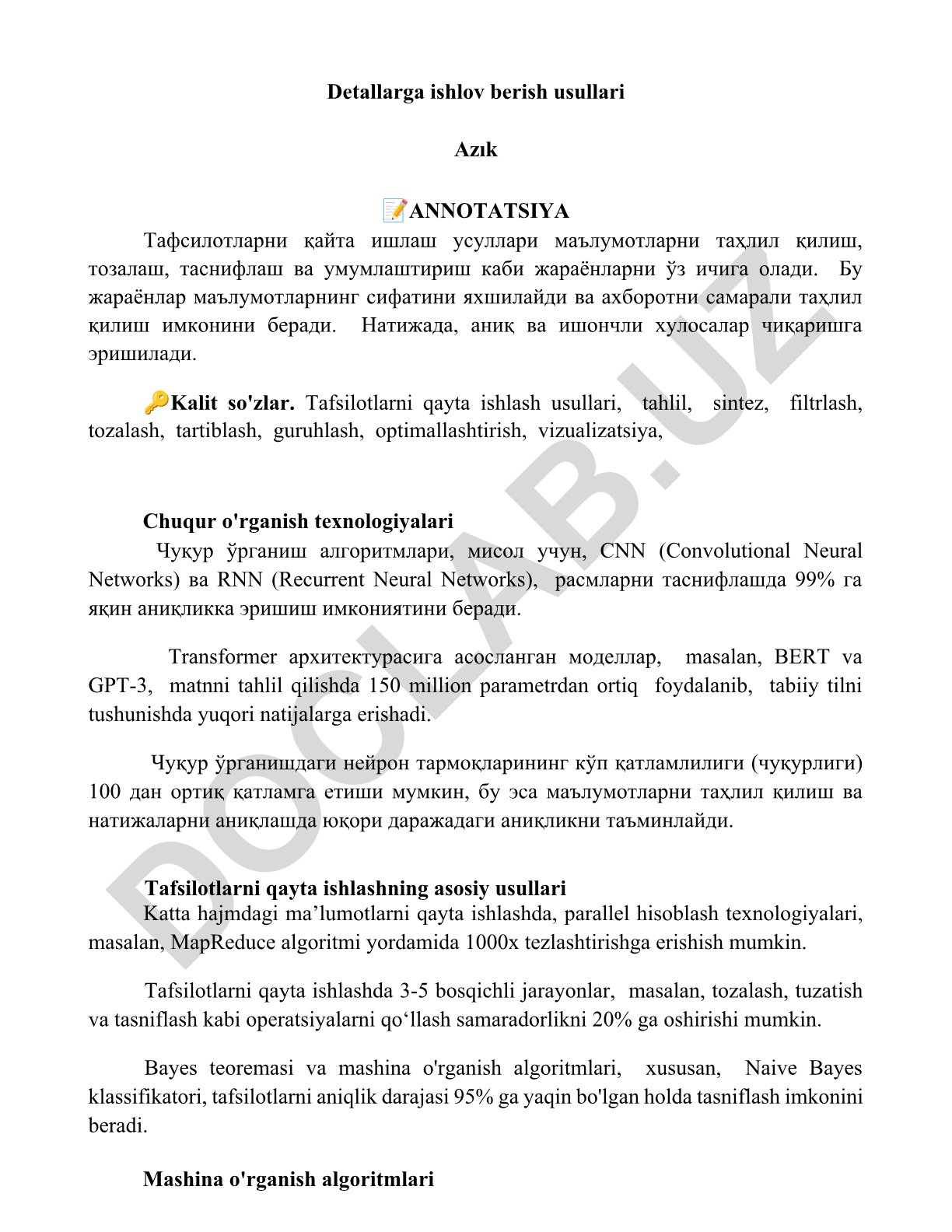 Tafsilotlarni qayta ishlash usullari va chuqur o'rganish texnologiyalari