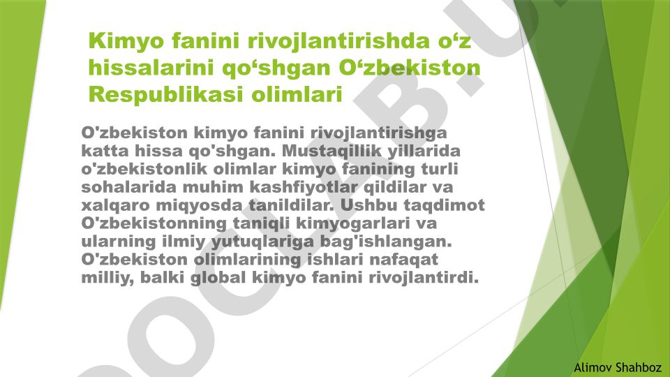 O'zbekiston olimlarining kimyo fanidagi yutuqlari