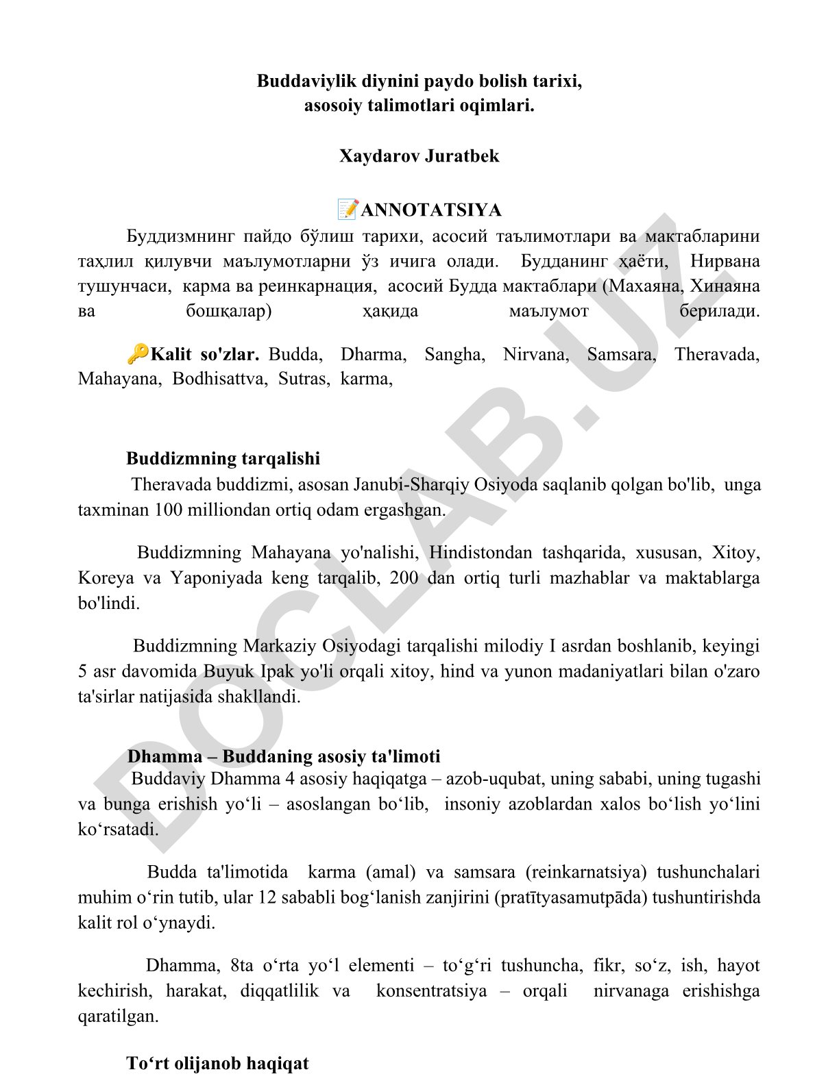 Buddaviylik diynini paydo bolish tarixi, asosoiy talimotlari oqimlari