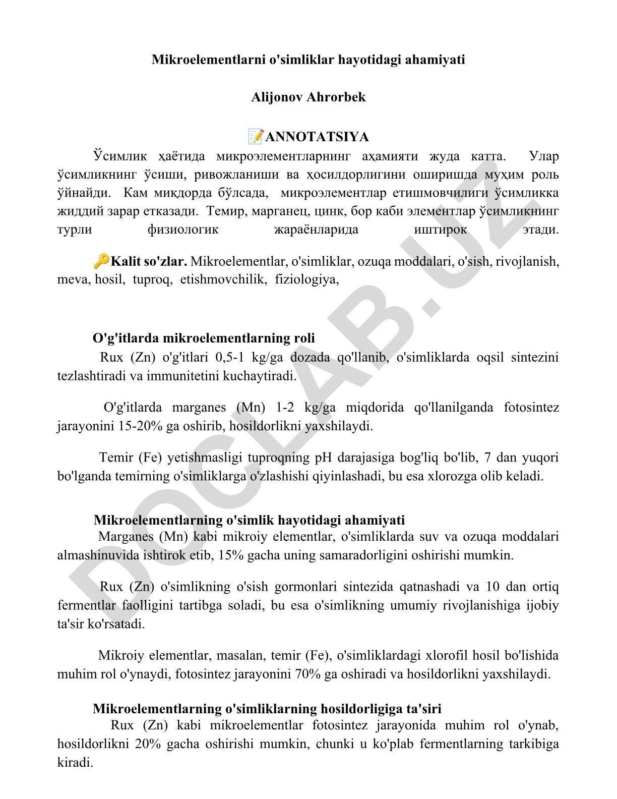 Mikroelementlarni o'simliklar hayotidagi ahamiyati