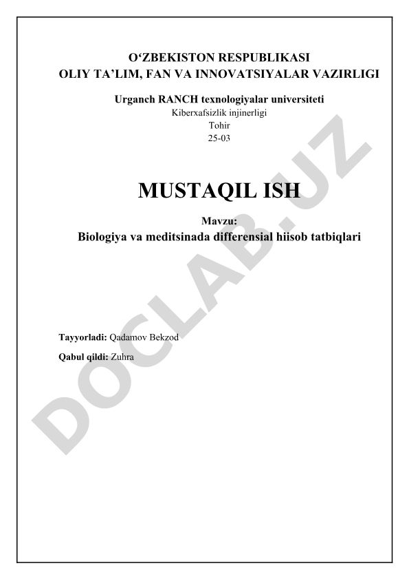 Biologiya va meditsinada differensial hisob tatbiqlari