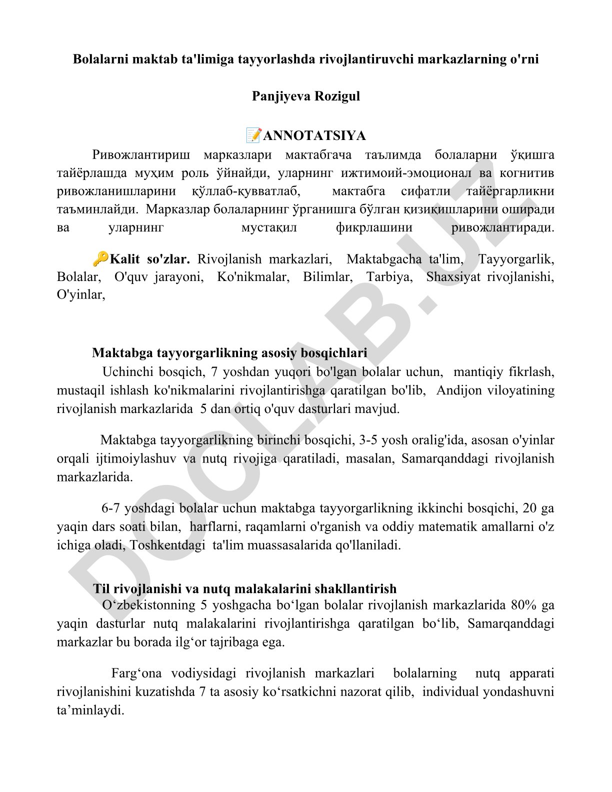 Bolalarni maktab ta'limiga tayyorlashda rivojlantiruvchi markazlarning o'rni