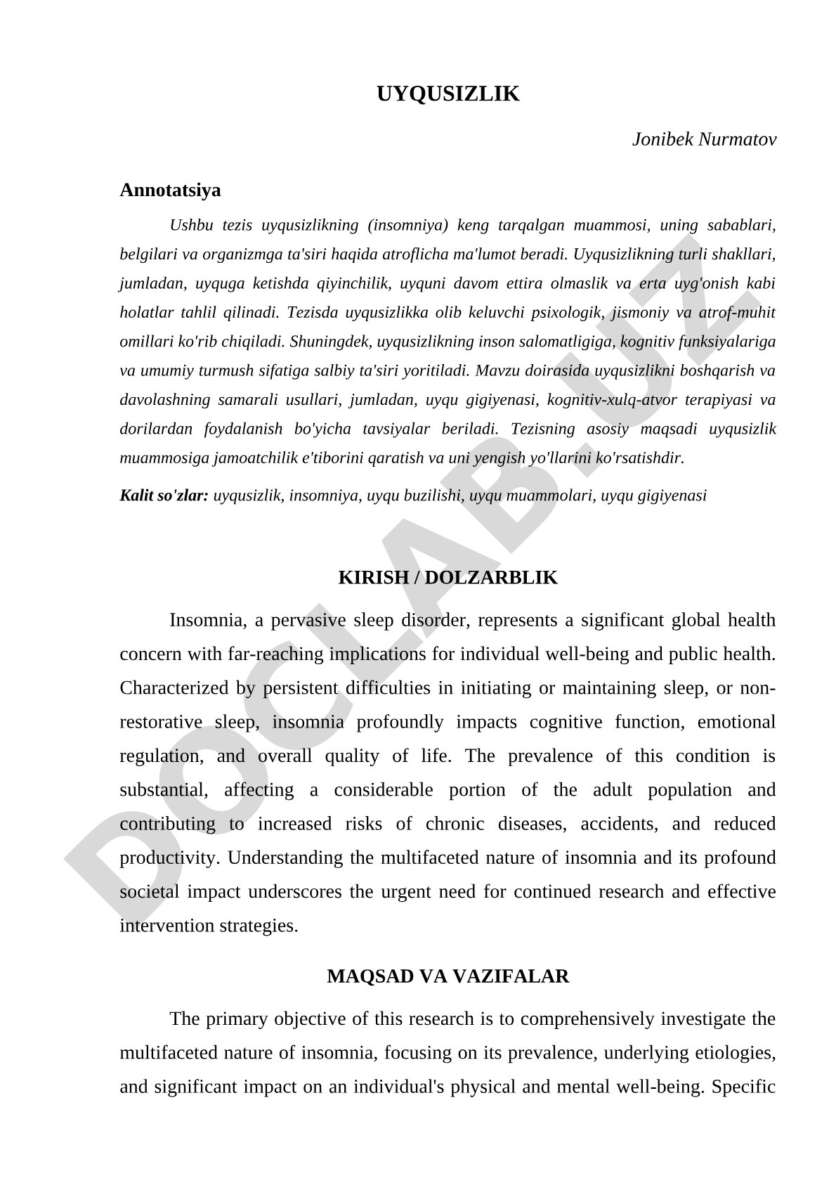 Uyqusizlik (insomniya) muammosi va uning sabablari, belgilari, ta'siri