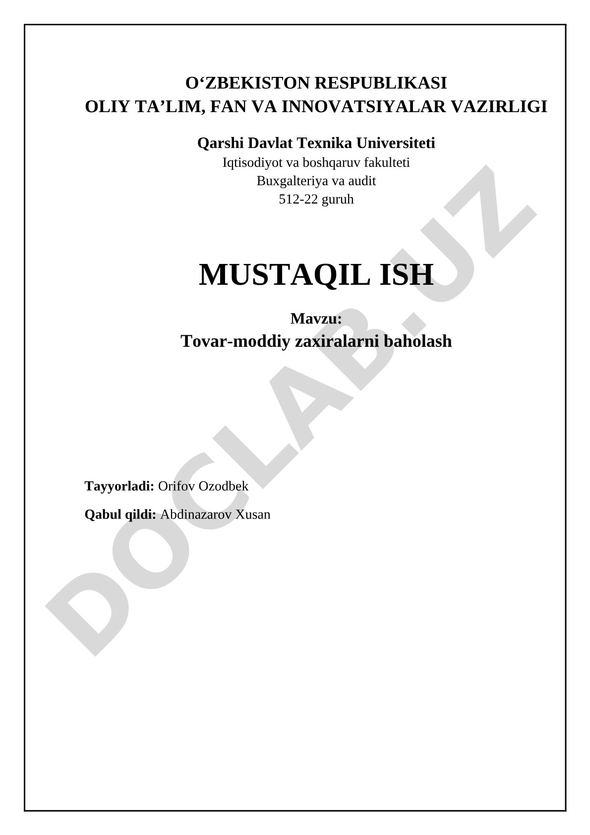 Tovar-moddiy zaxiralarni baholash